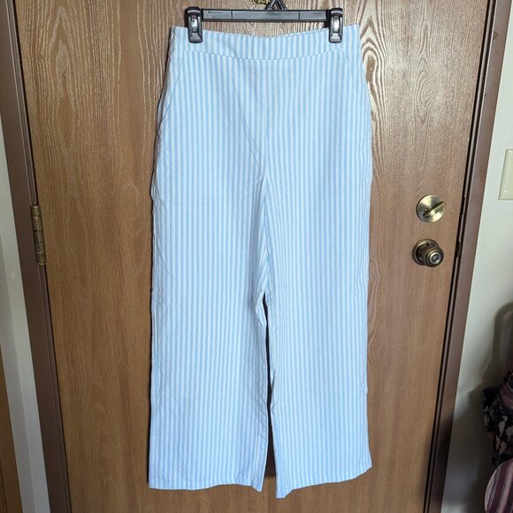 Cider Pinstripe Casual Wide Leg Blue & White Pants, L - Picture 1 of 4
